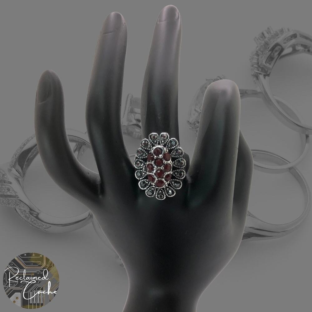 Silver and Red Rhinestone Statement Ring - Size 9